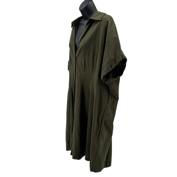 H&M Linen Blend Shirt Dress XXL Dark Khaki Green Button Up Cuffed Short Sleeve - Picture 4 of 8